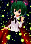  antennae blue_eyes blurry blush bug cape eyebrows_visible_through_hair glowing green_hair highres light_particles long_sleeves looking_at_viewer open_mouth red_cape short_hair smile solo suigetsu_(watermoon-910) touhou wriggle_nightbug 