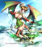  anklet boots breasts brown_hair cleavage company_name day dragon_girl dragon_horns dragon_tail dragon_wings feathers full_body gloves green_wings gyakushuu_no_fantasica highres horns jewelry large_breasts mountain official_art purple_eyes ryuki@maguro-ex skindentation sky smile solo tail tree twintails wings 