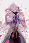  fate/grand_order fate/stay_night fate_(series) highres hood lack long_hair looking_at_viewer male_focus merlin_(fate) purple_eyes purple_hair robe simple_background smile solo white_background white_hair 