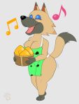  2019 animal_crossing anthro apron big_breasts breasts canid canine canis clothed clothing cute_fangs digital_media_(artwork) eyelashes eyes_closed eyeshadow female food fruit fur grey_background happy hi_res ky_(malamute) makeup mammal musical_note naked_apron nintendo open_mouth peach_(fruit) short_stack simple_background singing smile solo standing tan_fur thick_thighs tight_clothing video_games vivian_(animal_crossing) wide_hips wolf 