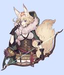  animal_ears bangs belt black_gloves blonde_hair blue_background bow bow_(weapon) breasts brown_legwear cleavage cloak cropped_legs eyebrows_visible_through_hair fangs fantasy fingerless_gloves fur_collar gloves hair_between_eyes holding holding_bow_(weapon) holding_weapon hood hood_down hooded_cloak lace lace-trimmed_thighhighs large_breasts looking_to_the_side ni02_(asahi_nini) original parted_lips purple_eyes quiver short_hair simple_background solo tail thighhighs wavy_hair weapon 