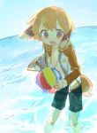  :d animal_ears backlighting ball bare_chest beach beachball blue_sky caustics commentary day dog_ears dog_tail dogboy drawstring highres holding holding_beachball hood hood_down hooded_jacket horizon jacket kyuuri_(miyako) long_sleeves looking_at_viewer male_swimwear no_shirt ocean open_clothes open_jacket open_mouth orange_eyes orange_hair orange_jacket outdoors petite pigeon-toed pop-up_story sketch sky smile swim_trunks swimwear tail wading wind wind_lift yuuri_lessen 