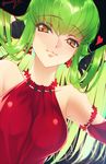  bare_shoulders black_background breasts c.c. code_geass commentary_request creayus earrings green_hair halterneck heart jewelry long_hair medium_breasts simple_background smile solo twitter_username yellow_eyes 
