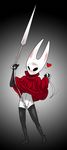  &lt;3 2017 4_fingers arm_warmers clothing empty_eyes female gradient_background hi_res hollow_knight hornet_(hollow_knight) legwear masturbation midriff not_furry pussy robe simple_background solo stockings weapon white_skin 