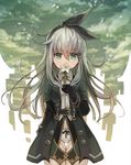  belt black_gloves black_ribbon bow bow_panties coat covered_mouth cowboy_shot flower gloves green_eyes hair_between_eyes hair_ribbon highres holding holding_flower long_hair looking_at_viewer original panties ribbon scyze silver_hair solo thigh_gap underwear white_panties wind 