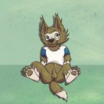  anthro balls blue_eyes bottomless canine clothed clothing mammal mascot penis simple_background solo spread_legs spreading wolf zabivaka 
