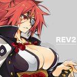  1girl ahoge baiken breasts cleavage covered_nipples eyepatch facial_mark guilty_gear guilty_gear_xrd japanese_clothes kimono large_breasts long_hair one-eyed open_clothes open_kimono ponytail red_eyes red_hair samurai scar scar_across_eye solo stalk_in_mouth tattoo upper_body 
