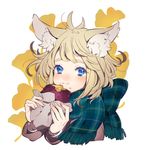  :t ahoge animal_ears bangs blonde_hair blue_eyes blush closed_mouth eating food food_on_face freckles fringe_trim green_scarf holding holding_food looking_at_viewer ni02_(asahi_nini) original plaid plaid_scarf scarf simple_background smile solo sweet_potato upper_body white_background yakiimo 