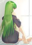  artist_name ass backlighting bare_legs bare_shoulders barefoot black_panties c.c. code_geass commentary_request creayus from_behind full_body green_hair indoors long_hair long_sleeves looking_back no_pants off_shoulder panties plantar_flexion profile signature sitting soles solo translucent_hair twitter_username underwear window 