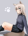  animal_ears black_legwear black_skirt blue_eyes dress_shirt from_side frown girls_und_panzer grey_background grey_shirt itsumi_erika kemonomimi_mode kneehighs kuromorimine_military_uniform long_hair long_sleeves looking_at_viewer military military_uniform miniskirt paw_print pleated_skirt school_uniform shirt silver_hair simple_background sitting skirt solo tail uniform wolf_ears wolf_tail yakuto007 