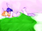  3_toes 4_fingers anthro blue_hair blush condom condom_in_mouth cub fur hair lagomorph looking_at_viewer lying male mammal on_front pawpads plushie purple_fur rabbit solo taichiharuki teenager toes yellow_eyes young 