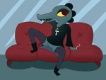  2017 anthro bea_(nitw) cigarette clothed clothing crocodile crocodilian female josephtl looking_at_viewer night_in_the_woods pussy reptile scalie smile solo 