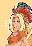  1girl aqua_eyes blonde_hair breasts choker cleavage crown fate/grand_order fate_(series) headband long_hair orange_background quetzalcoatl_(fate/grand_order) 