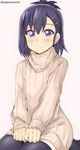  bad_id bad_pixiv_id banned_artist black_hair black_legwear blush closed_mouth eyebrows_visible_through_hair frown gabriel_dropout hair_between_eyes hair_ornament hairclip own_hands_together pantyhose purple_eyes ribbed_sweater seiza sitting solo sweater tasora tsukinose_vignette_april turtleneck twitter_username v_arms x_hair_ornament 