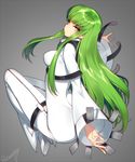  ass bangs breasts c.c. code_geass commentary_request creayus from_behind full_body green_hair long_hair long_sleeves looking_at_viewer looking_back medium_breasts sidelocks simple_background solo straitjacket wide_sleeves yellow_eyes 