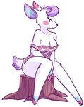  animal_crossing anthro blush bottomless breasts cervine cleavage clothed clothing deer diana_(animal_crossing) eyelashes female fur hair hooves mammal nintendo purple_hair shirt slovenskiy smile solo thick_thighs tree_stump undressing video_games white_fur 