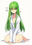  ? bangs bottomless breasts c.c. cleavage code_geass collarbone commentary_request confused creayus eyebrows_visible_through_hair full_body green_hair long_hair long_sleeves looking_at_viewer parted_lips seiza shirt sidelocks sitting small_breasts solo sweatdrop twitter_username v_arms white_shirt yellow_eyes 