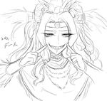 1girl choker clenched_teeth crown fate/grand_order fate_(series) grin headband jewelry long_hair monochrome open_mouth quetzalcoatl_(fate/grand_order) sharp_teeth 