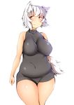  animal_ears bare_shoulders belly breasts covered_navel fang fang_out fat highres inubashiri_momiji large_breasts navel plump red_eyes shishi_juuroku short_hair simple_background solo tail thick_eyebrows thick_thighs thighs touhou white_background white_hair wolf_ears wolf_tail 
