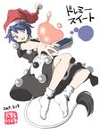  apron black_dress black_skirt blob blue_eyes blue_hair book character_name dated doremy_sweet dress full_body hat inuno_rakugaki nightcap open_mouth pom_pom_(clothes) red_hat short_hair skirt smile socks solo tail touhou waist_apron white_apron white_background white_legwear 