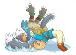  2017 animal_humanoid avian avian_humanoid barefoot beak blonde_hair breath_of_the_wild butt claws clothing feathers fight footwear grey_feathers hair human humanoid link male mammal nintendo pants revali shirt shoes simple_background suplex the_legend_of_zelda toe_claws unknownlifeform video_games white_background 