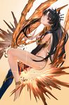  armlet bare_shoulders black_hair crown diffraction_spikes earrings fate/grand_order fate_(series) hair_ribbon highres hoop_earrings ishtar_(fate/grand_order) jewelry long_hair long_legs nuda red_eyes ribbon single_thighhigh solo teeth thighhighs 