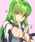  bangs c.c. code_geass commentary_request creayus foreshortening green_hair index_finger_raised koi_dance long_hair long_sleeves looking_at_viewer simple_background solo straitjacket triangle_mouth upper_body wide_sleeves yellow_eyes 