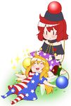  =_= american_flag_dress american_flag_legwear bare_legs bare_shoulders black_shirt blonde_hair chain chibi choker closed_eyes clownpiece commentary_request dress eichi_yuu fairy fairy_wings happy hat hecatia_lapislazuli jester_cap lap_pillow long_hair lying miniskirt multicolored multicolored_clothes multicolored_skirt multiple_girls neck_ruff off-shoulder_shirt off_shoulder on_back open_mouth outstretched_arms pantyhose plaid plaid_skirt polka_dot polos_crown red_hair seiza shirt short_dress short_sleeves sitting skirt striped striped_legwear t-shirt touhou wings |_| 