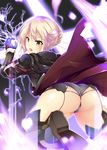  :o artoria_pendragon_(all) ass bent_over black_gloves black_legwear blonde_hair braid brown_eyes commentary_request electricity fate/grand_order fate_(series) feiren from_behind gloves grey_panties hair_between_eyes hood hoodie looking_at_viewer looking_back mysterious_heroine_x_(alter) open_mouth panties short_hair shoulder_pads solo thighhighs underwear v-shaped_eyebrows wrist_guards 