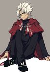  amakusa_shirou_(fate) cape dark_skin dark_skinned_male fate/apocrypha fate_(series) highres kumamon looking_at_viewer male_focus simple_background sitting smile solo syubare white_hair yellow_eyes 