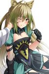  ahoge animal_ears asymmetrical_gloves atalanta_(fate) black_gloves black_legwear blonde_hair blush cat_ears cheek_press closed_mouth dress eyebrows_visible_through_hair fate/apocrypha fate_(series) gloves gradient_hair green_eyes green_hair hand_on_another's_face long_hair looking_at_viewer multicolored_hair one_eye_closed out_of_frame pov pov_hands shiseki_hirame simple_background solo_focus thighhighs two-tone_hair white_background 