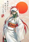  2017 bird breasts chicken green_eyes green_hair highres hood hoodie japanese_clothes jikeshi kimono large_breasts long_hair looking_at_viewer original rooster solo 