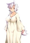 :&lt; :o alternate_costume animal_ears blush breasts chemise cleavage curvy eyebrows_visible_through_hair highres inubashiri_momiji large_breasts looking_at_viewer nightgown plump red_eyes shishi_juuroku short_hair simple_background solo tail thick_eyebrows thick_thighs thighs touhou triangle_mouth white_background white_hair wide_hips wolf_ears wolf_tail 