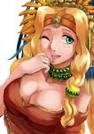  aztec blonde_hair blush breasts cleavage collarbone commentary_request fate/grand_order fate_(series) green_eyes hair_ornament headband headdress jewelry large_breasts long_hair one_eye_closed open_mouth quetzalcoatl_(fate/grand_order) solo teeth yasaidon 