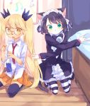  2girls animal_ears aqua_eyes bangs beamed_eighth_notes bedroom beige_fur bell black_footwear black_hair black_legwear black_neckwear blonde_hair bow bowtie cat_ears cat_girl cat_tail cellphone center_frills claws collared_shirt commentary curly_hair cyan_(show_by_rock!!) dress_shirt dropping eighth_note furry glasses gothic_lolita green_eyes hands_up highres indoors jingle_bell kyuuri_(miyako) lolita_fashion long_hair long_sleeves looking_at_viewer maid_headdress mary_janes miniskirt multicolored multicolored_eyes multiple_girls musical_note on_floor open_mouth orange_skirt outstretched_arms phone pleated_skirt quarter_rest red_neckwear retoree ringlets shirt shoes short_eyebrows short_hair show_by_rock!! skirt sleeves_rolled_up smartphone smartphone_case staff_(music) striped striped_legwear tail thighhighs treble_clef tsurime twintails very_long_hair white_fur white_shirt wing_collar wooden_floor yellow_eyes zettai_ryouiki 