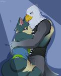  animal_crossing anthro apollo_(animal_crossing) avian bald_eagle bird blush canine clothed clothing eagle hug male male/male mammal nintendo ohjing1004 video_games wolf wolfgang_(animal_crossing) 