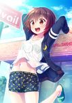 :d arms_behind_head blush boxers brown_eyes brown_hair commentary_request crescent crescent_moon_pin crescent_print jacket kantai_collection masaki_kei mutsuki_(kantai_collection) navel open_mouth print_boxers remodel_(kantai_collection) short_hair smile solo underwear 