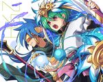  armor blue_hair brothers green_hair grin headdress highres japanese_clothes kozakura_(dictionary) magatama male_focus mask multiple_boys obi open_mouth polearm puzzle_&amp;_dragons red_eyes sash scarf siblings smile spear sword umisachi_&amp;_yamasachi_(p&amp;d) water weapon 