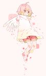  ahoge angel angel_wings artist_name bad_id bad_pixiv_id baggy_clothes blush bob_cut capelet cherry_blossoms commentary feathered_wings floating flower highres mini_wings original pale_skin pastel_colors petals pink_hair red_eyes short_hair shorts signature solo wings yuuo0 