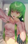  aran_sweater blush breasts brown_eyes c.c. clothes_lift code_geass commentary_request creayus green_hair long_hair medium_breasts midriff open_mouth sidelocks sleeves_past_wrists solo sweater sweater_lift tearing_up tears turtleneck 