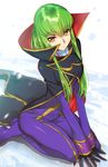  &gt;:( bangs black_gloves c.c. closed_mouth code_geass commentary_request cosplay creayus frown gloves green_hair long_hair long_sleeves looking_at_viewer seiza simple_background sitting solo v-shaped_eyebrows v_arms yellow_eyes zero_(code_geass) zero_(code_geass)_(cosplay) 