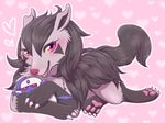  &lt;3 absol ambiguous_gender black_fur blush canine claws cute feline feral fur happy holding_(disambiguation) kiriya looking_at_viewer lying mammal mightyena nintendo open_mouth pawpads paws plushie pok&eacute;mon red_eyes smile solo teeth tongue video_games 