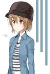  bangs blush brown_hair bucket_hat closed_mouth hair_between_eyes hat highres jacket kooan looking_to_the_side open_clothes open_jacket original purple_eyes shirt signature simple_background solo striped striped_shirt two-tone_background upper_body v-neck white_background 