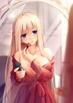  applying_makeup bare_shoulders blonde_hair blue_eyes braid breast_squeeze breasts cleavage collarbone compact highres large_breasts lexington_(zhan_jian_shao_nyu) long_hair makeup_brush mirror off_shoulder red_robe reflection robe solo very_long_hair xiaoyin_li zhan_jian_shao_nyu 