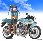  1girl alternate_hairstyle bakuon!! bell blue_hair boots breath coffee_mug commentary cup ground_vehicle hair_bell hair_ornament hal-py jacket motor_vehicle motorcycle mug purple_eyes scarf shima_rin shoshinsha_mark sitting sky solo steam suzuki_(company) suzuki_katana suzunoki_rin twintails yurucamp 