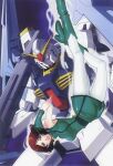  1980s_(style) 1990s_(style) 1girl aeug artist_request boots brown_hair emma_sheen energy_field green_eyes green_footwear gundam gundam_mk_ii highres looking_at_viewer machinery mecha military military_uniform mobile_suit pantyhose poster_(medium) promotional_art retro_artstyle robot scan scan_artifacts science_fiction short_hair super_gundam v-fin white_pantyhose zeta_gundam 