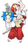  2girls amu_ru animal_ears animal_print aqua_hair benga_ru black_outline black_tail blunt_bangs breasts broom closed_mouth colored_sclera cub fake_animal_ears full_body hairband hakama holding holding_broom holding_ofuda japanese_clothes kosode kotora_(toranoana) large_breasts long_sleeves mature_female miko mukku_(mook-tv) multiple_girls no_pupils official_art ofuda one_eye_closed open_mouth orange_hair outline ponytail print_hairband red_hakama red_skirt sandals second-party_source shiro_kotora siblings simple_background sisters skirt smile socks standing straight_hair striped_clothes striped_fur striped_hairband striped_tail tabi tail tiger tiger_ears tiger_print tora_da_yo. toranoana translation_request tsurime white_background white_fur white_sleeves white_socks white_tail yellow_hairband yellow_sclera zouri 