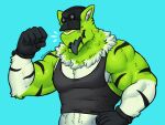 anthro clothing dark_clothing dynogreeno fur gloves green_body green_fur handwear hat headgear headwear hi_res hybrid male muscular muscular_male shirt solo stripes tank_top topwear unknown_species white_body white_fur