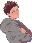  1boy adam&#039;s_apple brown_hair closed_mouth commentary crossed_arms english_commentary frown green_eyes grey_hoodie haikyuu!! highres hood hood_down hoodie iwaizumi_hajime long_sleeves male_focus short_hair simple_background solo twitter_username upper_body v-shaped_eyebrows white_background yokomiro_chan 