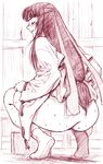  7_(marunana) ass highres long_hair low-tied_long_hair monochrome queen's_blade socks squatting sweat toilet tomoe traditional_media 